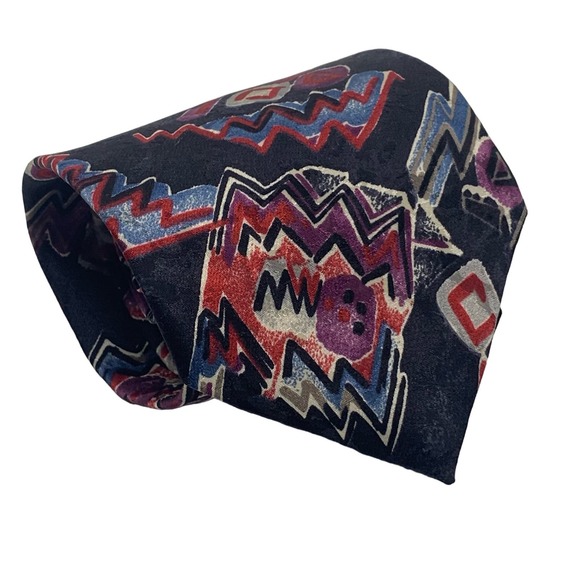 Oscar De La Renta Couture Collection Men's Silk Necktie Black Red Blue Geometric - Picture 1 of 5